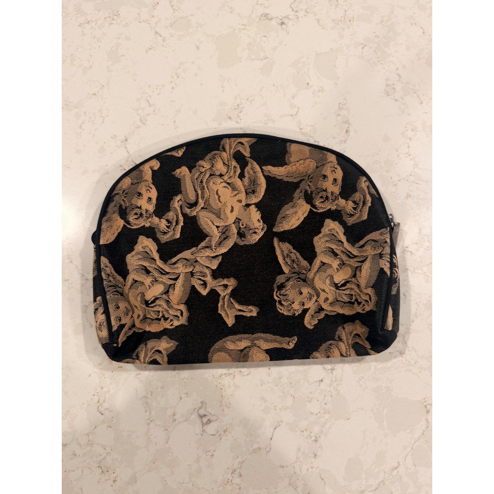 Modella Cherub Angel Tapestry Makeup Bag Black Gold Woven Cosmetic Pouch Dome